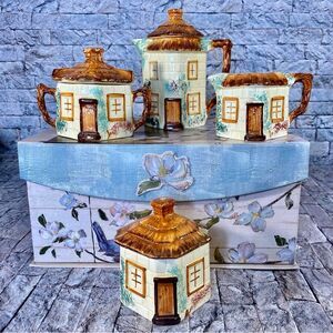 Keele Street Pottery Hand Painted Cottage 4 Piece Set Vintage
